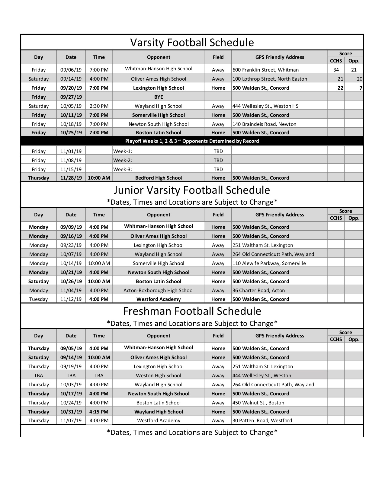 Game Schedule Concord Carlisle High School Football